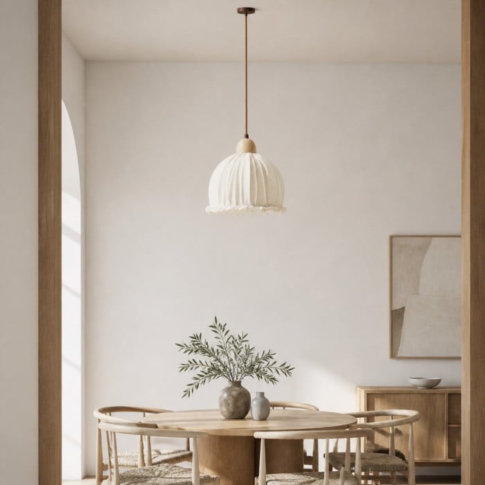 Suspension en tissu plissé avec rosace en bois HL4436