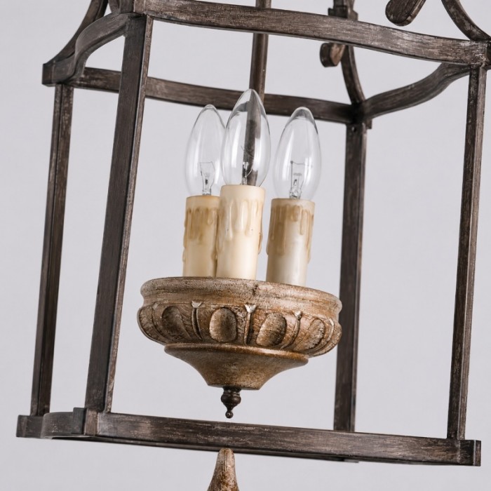 Suspension rustique en forme de cage à oiseaux avec structure en fer et accents en bois HL4640