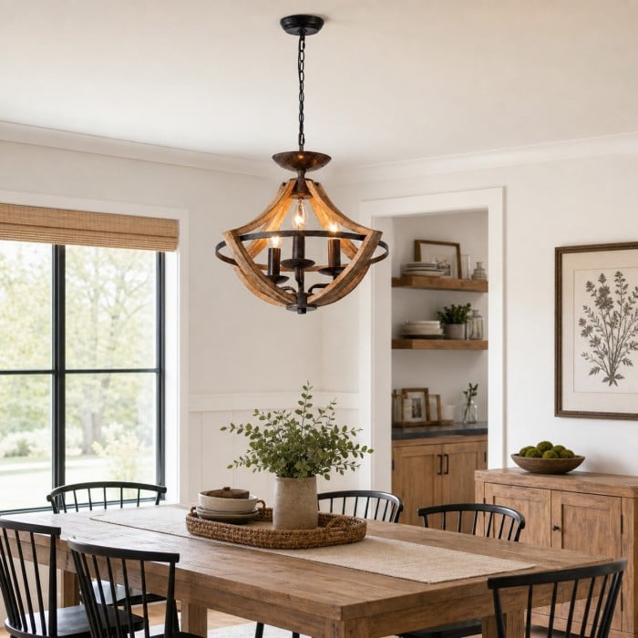 Lustre suspendu HL4605 à 3 lumières, en bois rustique vieilli et finition rouille