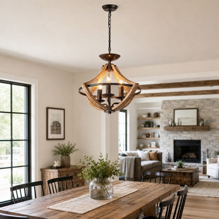Lustre suspendu HL4605 à 3 lumières, en bois rustique vieilli et finition rouille