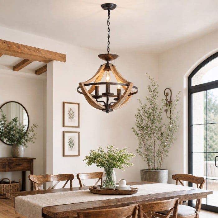 Lustre suspendu HL4605 à 3 lumières, en bois rustique vieilli et finition rouille