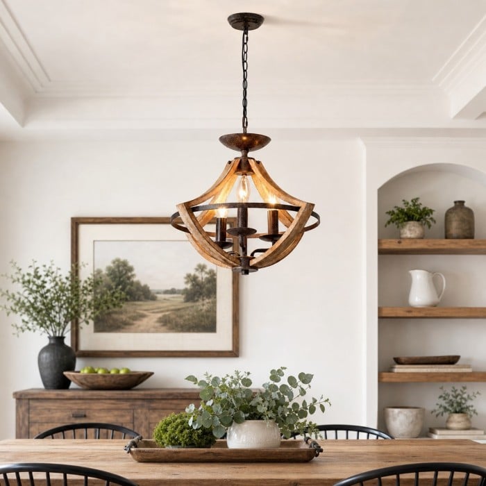 Lustre suspendu HL4605 à 3 lumières, en bois rustique vieilli et finition rouille