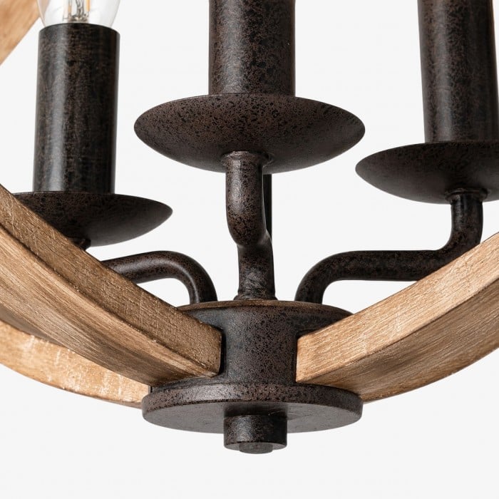 Lustre suspendu HL4605 à 3 lumières, en bois rustique vieilli et finition rouille