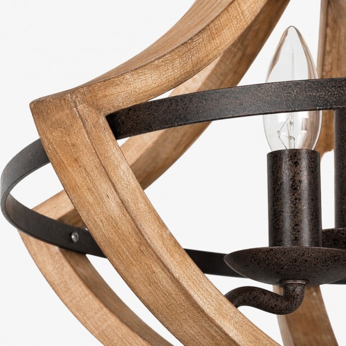 Lustre suspendu HL4605 à 3 lumières, en bois rustique vieilli et finition rouille