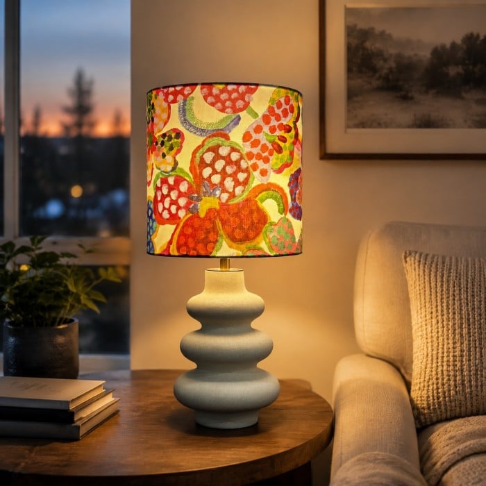 Sculpturale tafellamp met bloemenpatroon en stoffen kap, gemaakt van keramiek, HL4466