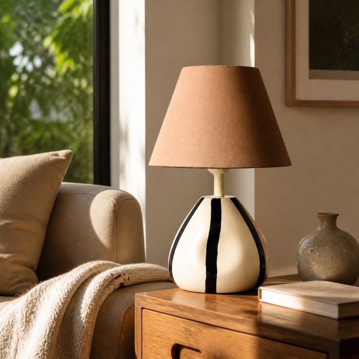 Sculpturale gestreepte keramische tafellamp met stoffen kap HL4341