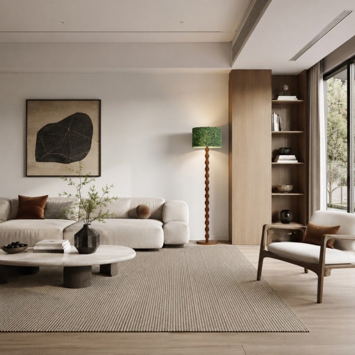 Sculptural Wood Floor Lamp with Patterned Fabric Drum Shade HL4459