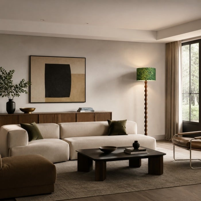 Sculptural Wood Floor Lamp with Patterned Fabric Drum Shade HL4459