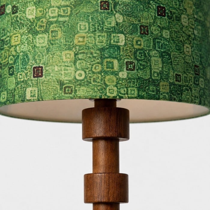 Sculptural Wood Floor Lamp with Patterned Fabric Drum Shade HL4459