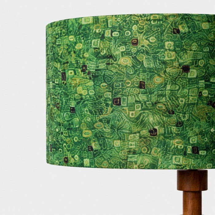 Sculptural Wood Floor Lamp with Patterned Fabric Drum Shade HL4459