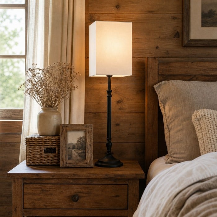Lampe de table carrée avec abat-jour en tissu HL4339