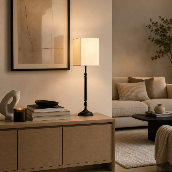 Lampe de table carrée avec abat-jour en tissu HL4339