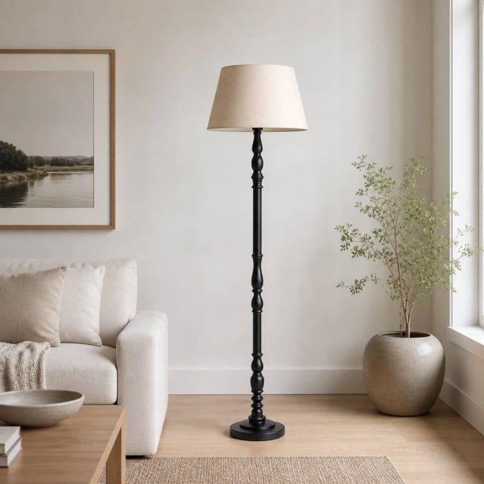 Turned-Wood Floor Lamp with Fabric Shade HL4399
