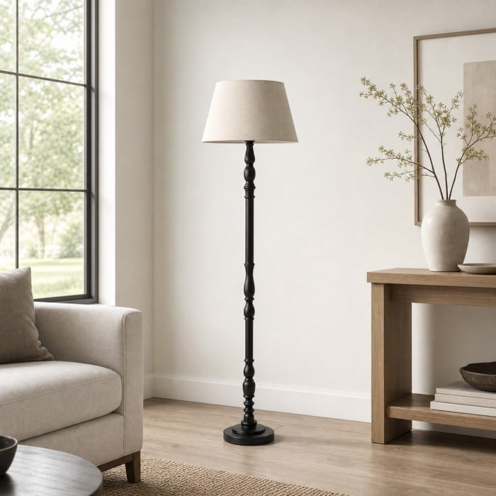 Turned-Wood Floor Lamp with Fabric Shade HL4399