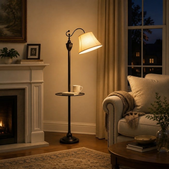 Vintage Arc Fabric Floor Lamp with Round Side Table HL4463
