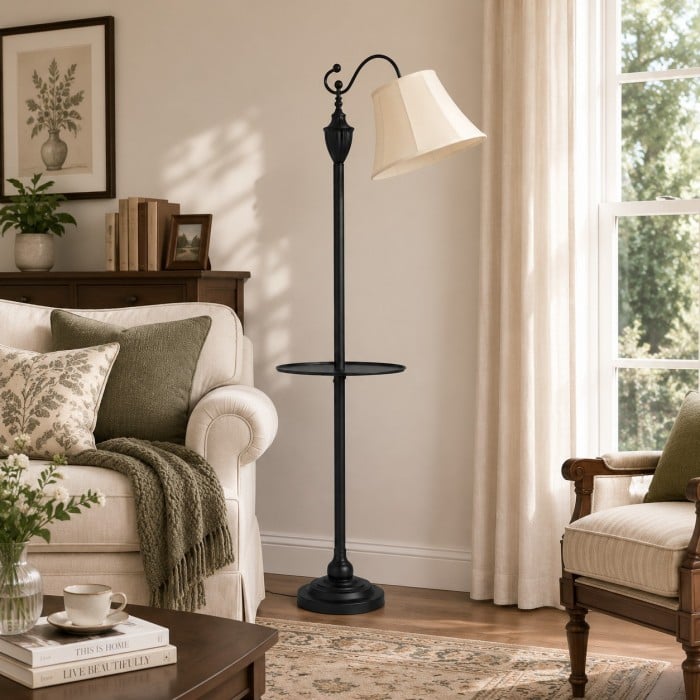 Vintage Arc Fabric Floor Lamp with Round Side Table HL4463