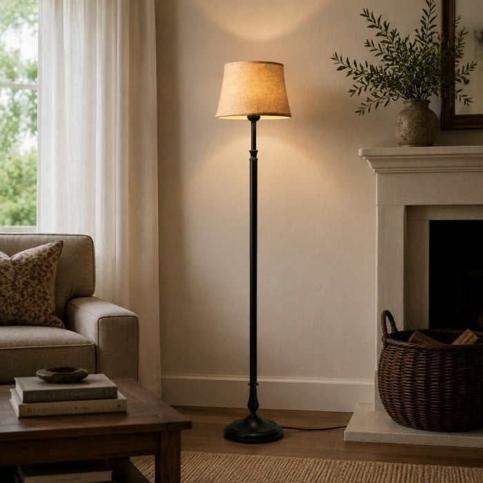 Vintage Black Iron Floor Lamp with Fabric Shade HL4460