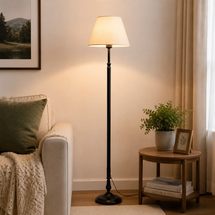 Vintage Black Iron Floor Lamp with Fabric Shade HL4460
