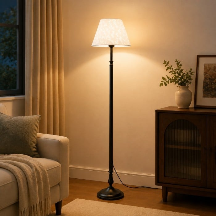 Vintage Black Iron Floor Lamp with Fabric Shade HL4460