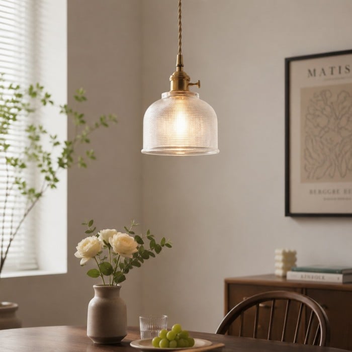 Suspension vintage en laiton avec abat-jour en verre texturé HL4391