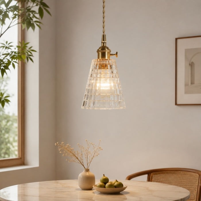 Suspension vintage en laiton avec abat-jour en verre texturé HL4391