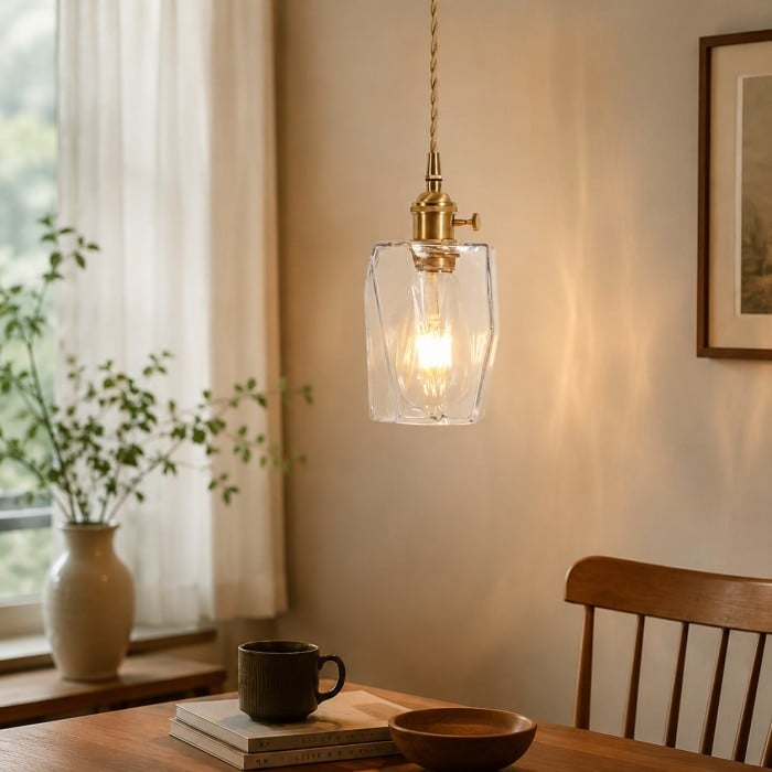 Suspension vintage en laiton avec abat-jour en verre texturé HL4391