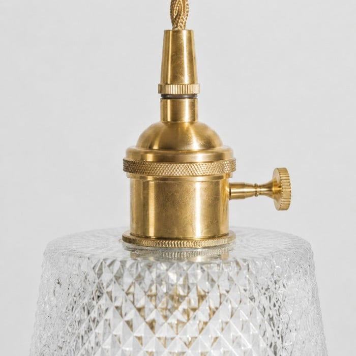 Suspension vintage en laiton avec abat-jour en verre texturé HL4391