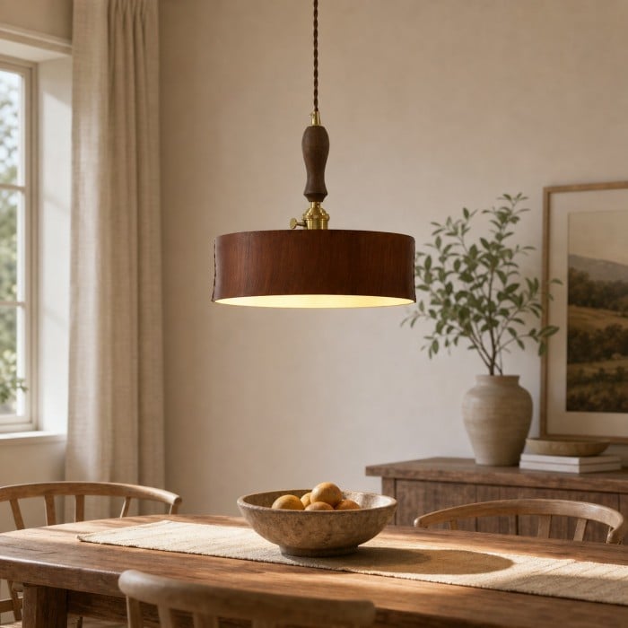 Suspension tambour vintage en cuir marron avec accents en bois HL4518