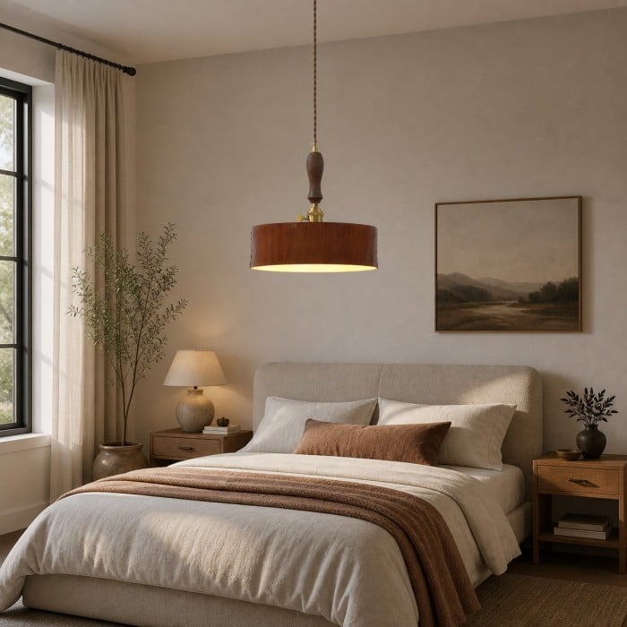 Suspension tambour vintage en cuir marron avec accents en bois HL4518