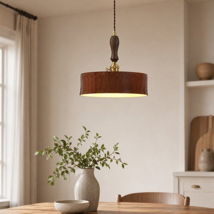 Suspension tambour vintage en cuir marron avec accents en bois HL4518
