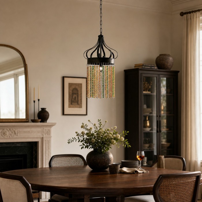 Suspension cylindrique en cristal vintage avec couronne en fer HL4351