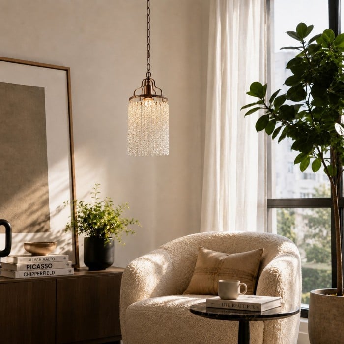 Lustre suspendu vintage à franges de cristal HL4452