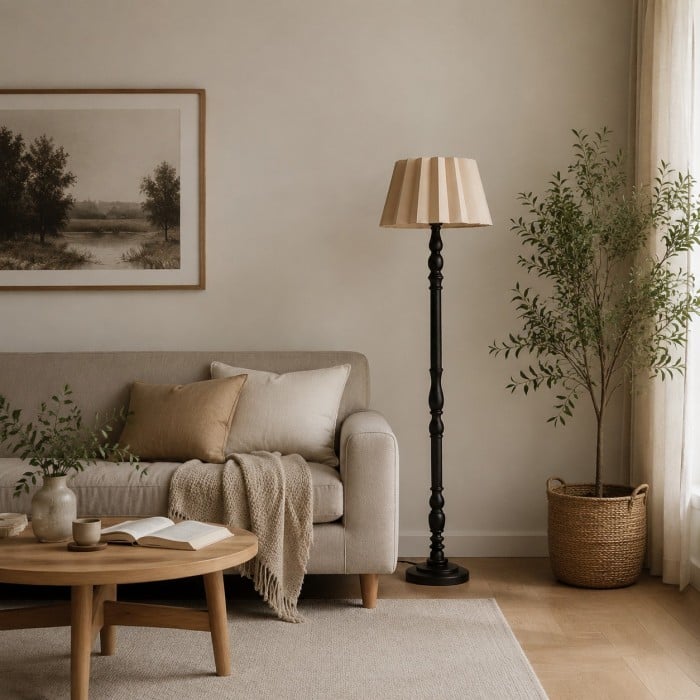 Vintage Fabric Shade Floor Lamp with Turned Wood Base HL4448
