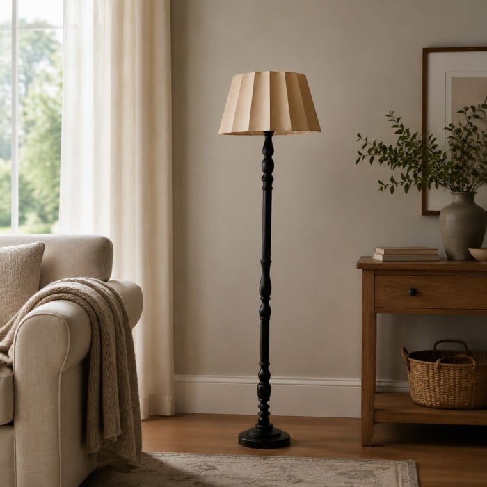 Vintage Fabric Shade Floor Lamp with Turned Wood Base HL4448