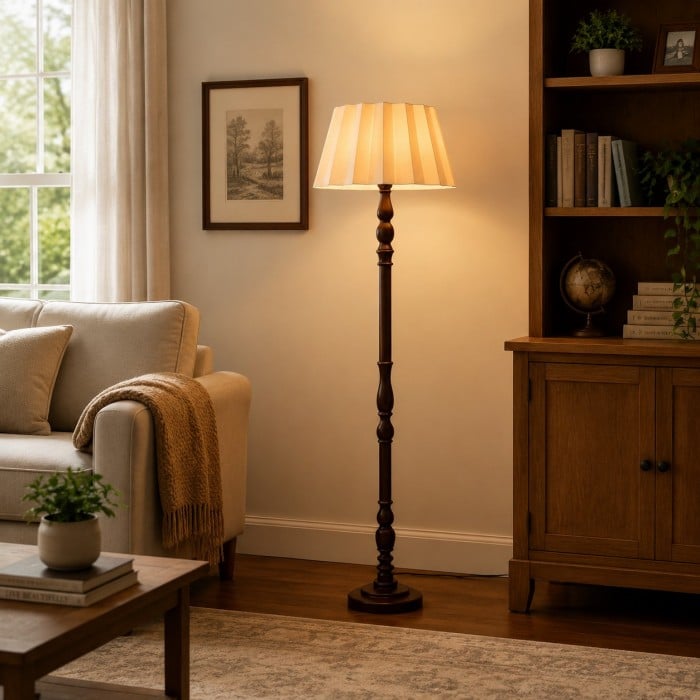 Vintage Fabric Shade Floor Lamp with Turned Wood Base HL4448