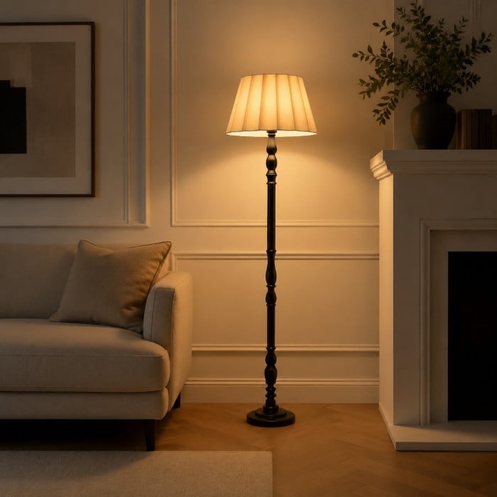 Vintage Fabric Shade Floor Lamp with Turned Wood Base HL4448