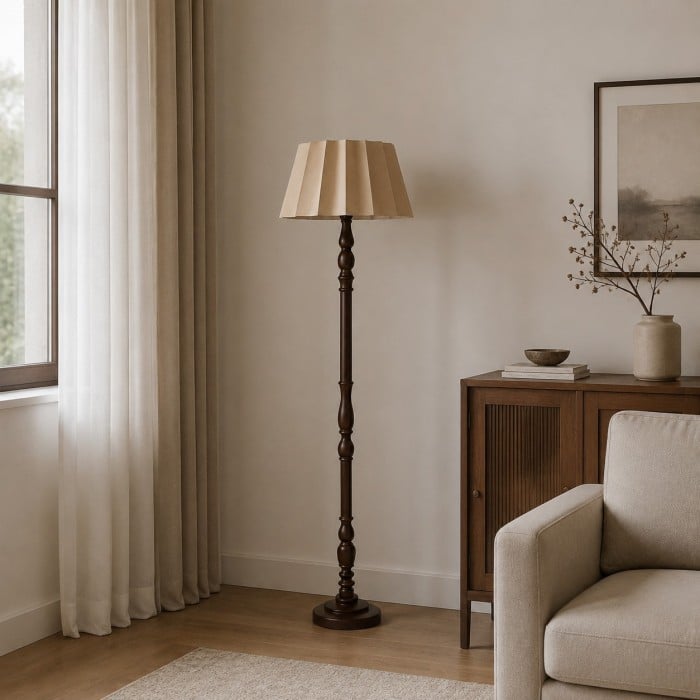 Vintage Fabric Shade Floor Lamp with Turned Wood Base HL4448
