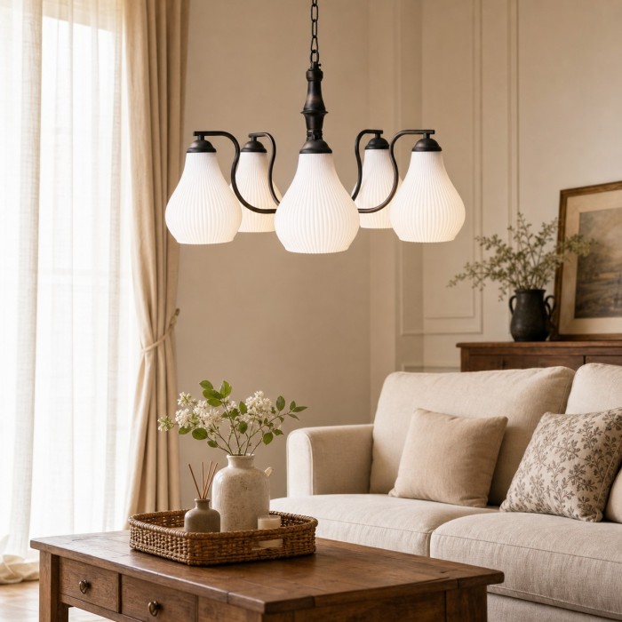 Lampadario vintage a cinque teste in vetro HL4336
