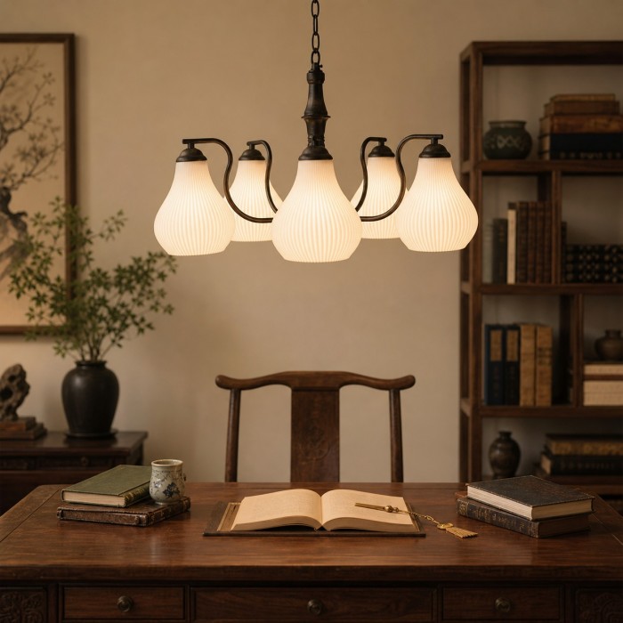 Lampadario vintage a cinque teste in vetro HL4336