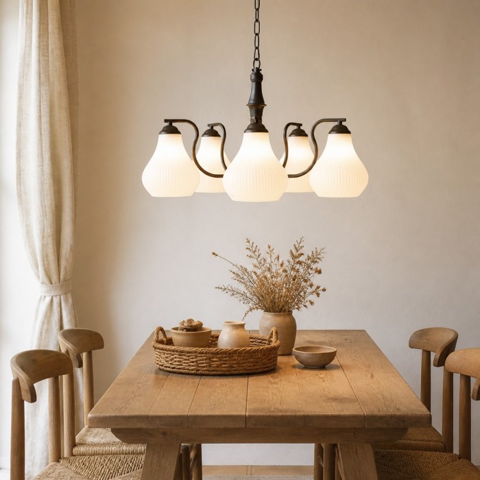 Lampadario vintage a cinque teste in vetro HL4336