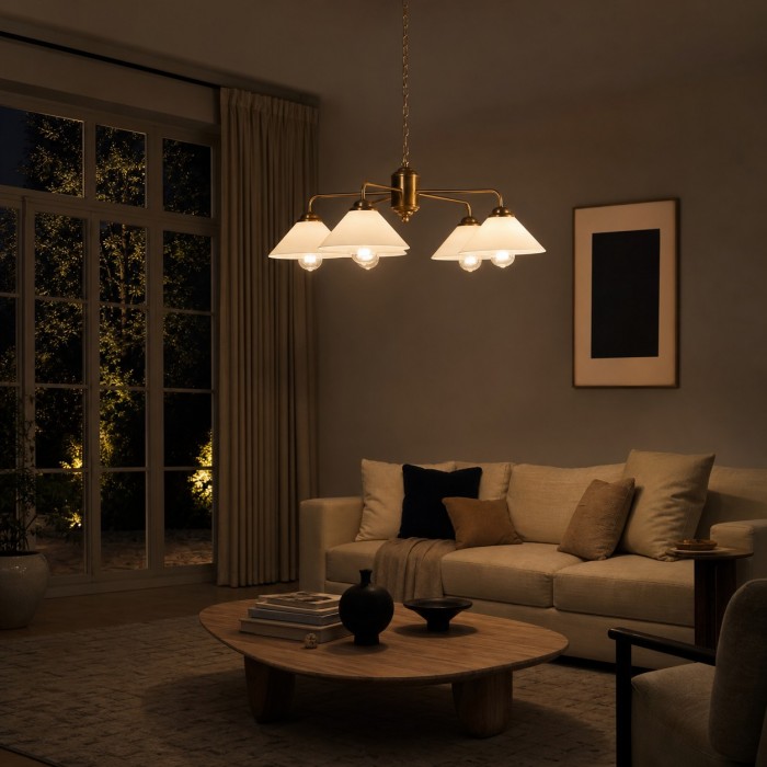 Lampadario vintage a cinque luci in vetro opalino HL4314