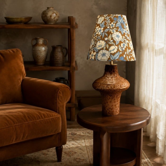 Vintage keramische tafellamp met bloemenmotief en stoffen kap in Liberty-stijl HL4457