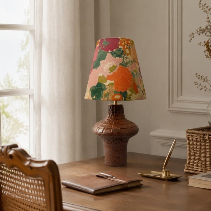 Vintage keramische tafellamp met bloemenmotief en stoffen kap in Liberty-stijl HL4457