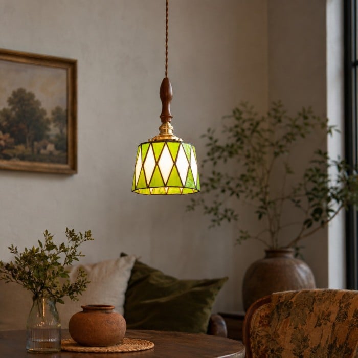 Vintage groene hanglamp met gebrandschilderd glas HL4493