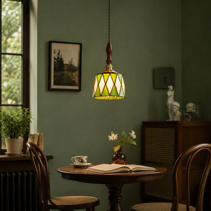 Vintage groene hanglamp met gebrandschilderd glas HL4493