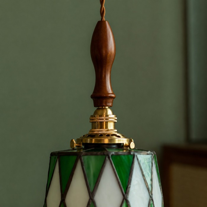 Vintage groene hanglamp met gebrandschilderd glas HL4493
