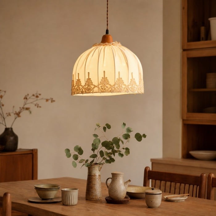 Vintage hanglamp van kantstof met houten plafondplaat HL4327
