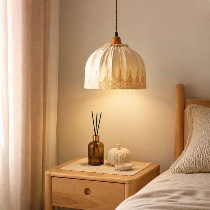 Vintage hanglamp van kantstof met houten plafondplaat HL4327
