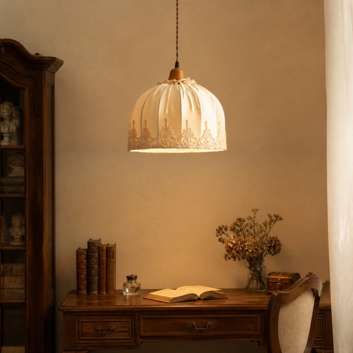 Vintage hanglamp van kantstof met houten plafondplaat HL4327