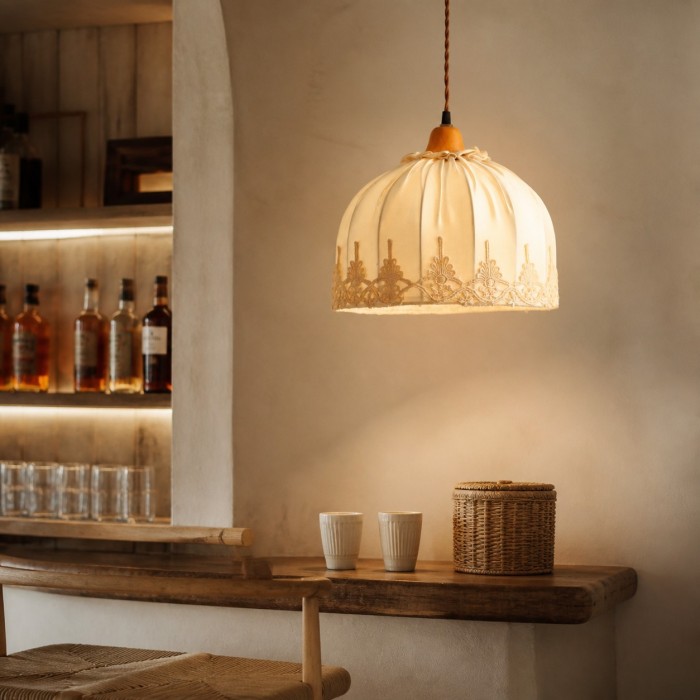 Vintage hanglamp van kantstof met houten plafondplaat HL4327